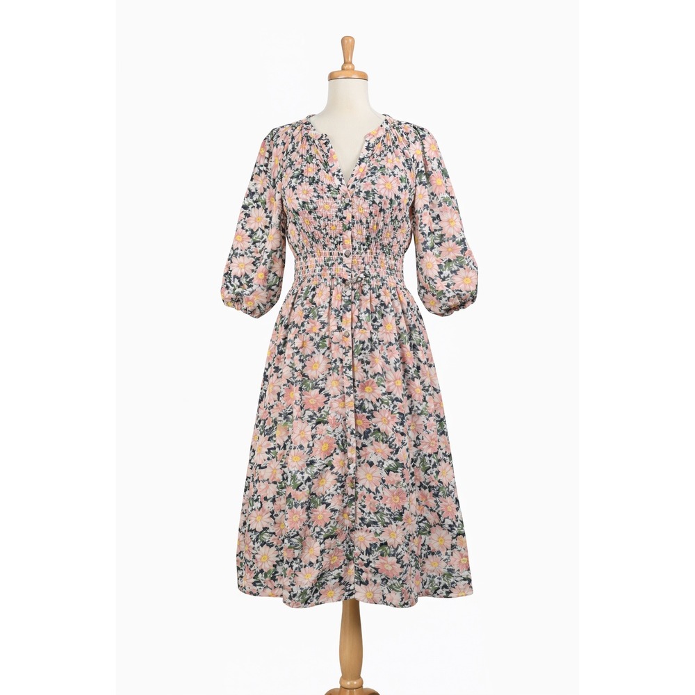 Luxology Floral Midi Dress Women L Pink Smocked Waist Button‎ Front Cottagecore